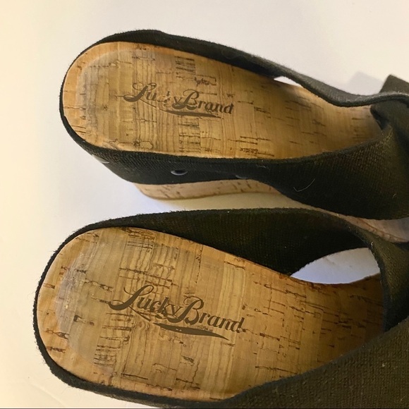 Lucky Brand Miller 2 Cork Wedge Platform Black Linen Strap Sandals 8 - Picture 7 of 11